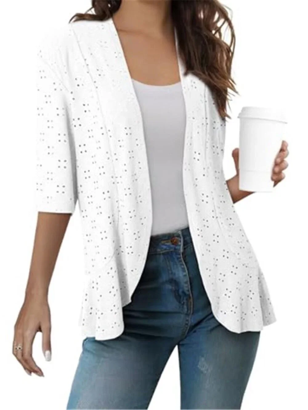 Womens Crochet Cardigan Lightweight Knit Open Front Half Sleeve Summer Sweater
